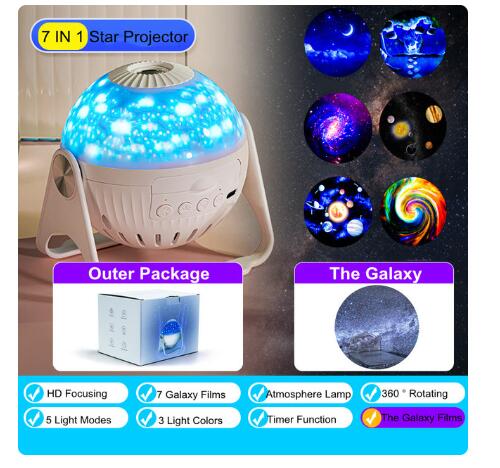 Star Planetarium 7 in 1 360 Adjustable with Planets Nebulae Moon for Kids Room Decor Night Light Ambiance Galaxy Projector