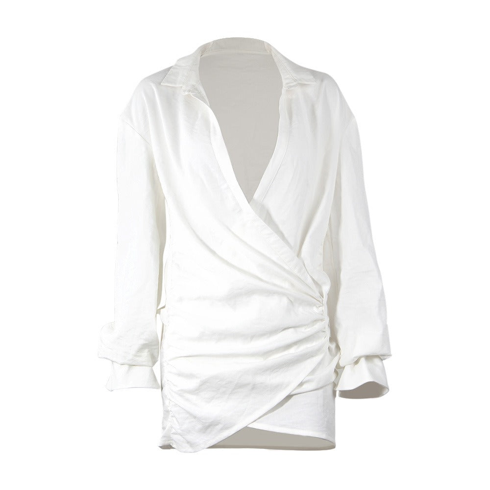 Long sleeved white shirt sexy deep V linen dress